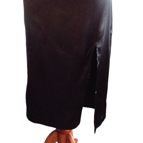Vintage D&M Satin Slip Dress Black Draped Front High Cut Slit Midi Dress Sz XS - Picture 3 of 9